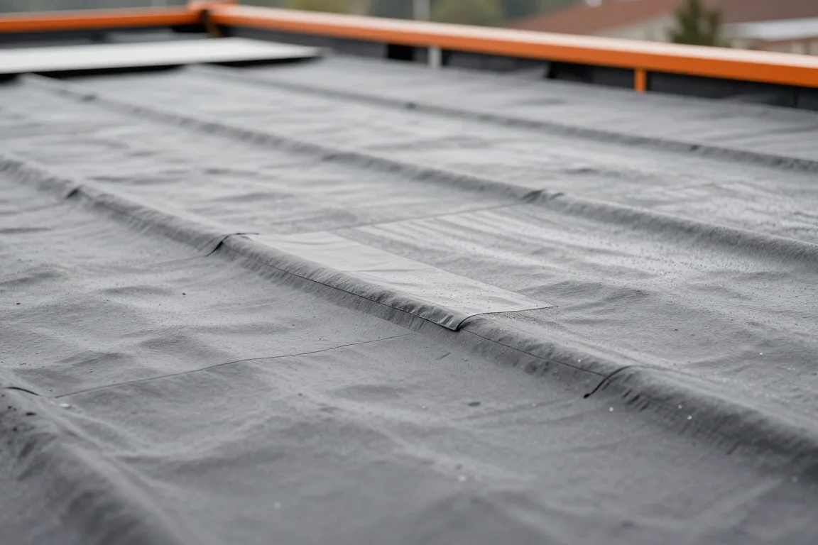 Illustrative close view of a membrane repair detail after rain